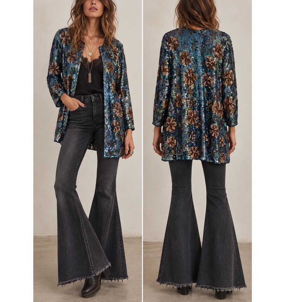 VINTAGE SISTERMAX 100% Silk Iridescent Sequin Floral Jacket Beaded Kimono